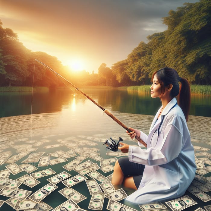 South Asian Female Doctor Fishing in Lake of Dollar Bills at Sunset