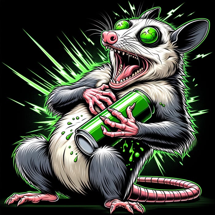 Dramatic Possum Overdose: Energy Drink Caricature Illustration