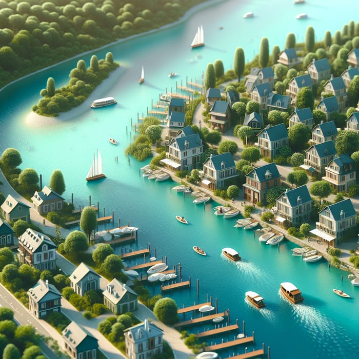 Tranquil Riverside Settlement Resembling Venice with Boat Rides and Lush Forest Views