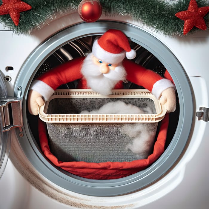 Santa Claus cleaning washing machine filter on Christmas