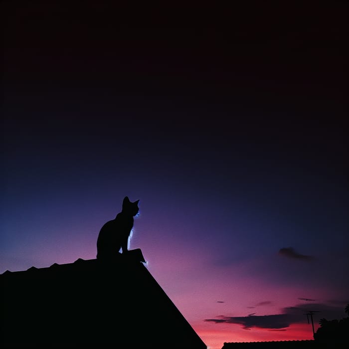 Silhouette of a Cat on Rooftop under Dark Purple Dusk Sky