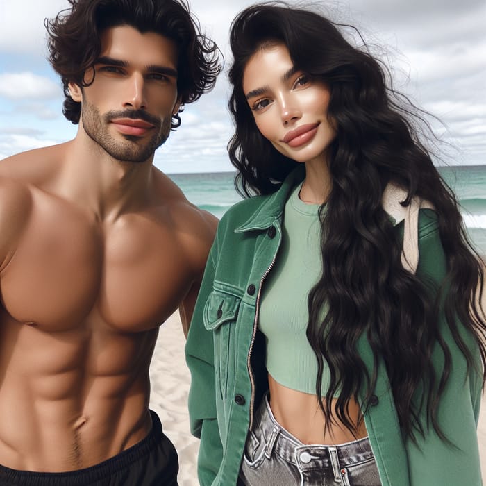 Beach Couple: Man in Black Shorts with Woman in Green Jacket