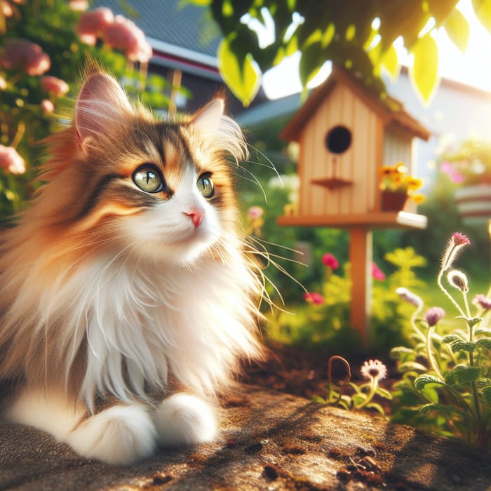 Cute Fluffy Cat Lounging in Garden with Bright Green Eyes