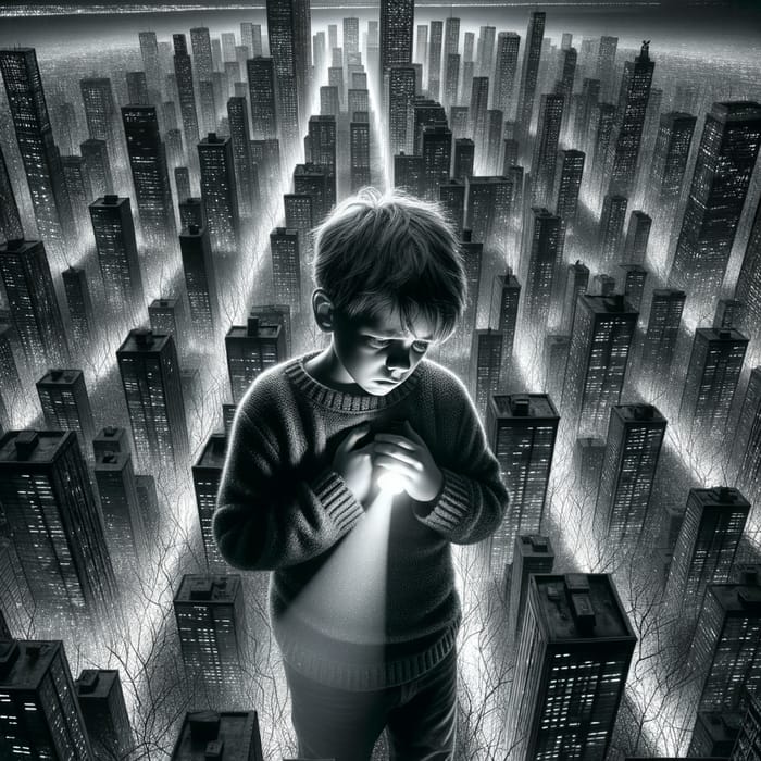 Heartbroken Boy Wanders Night City with Flashlight