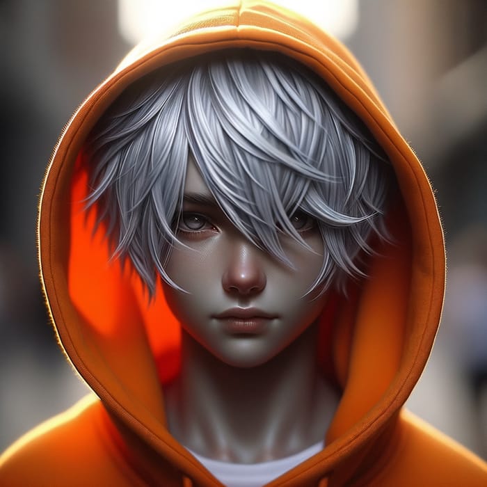 Original Character with Silver Hair in Vibrant Orange Hoodie
