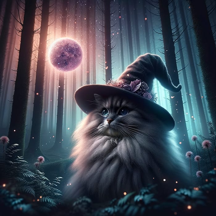 Mystical Witch's Hat Cat in Dark Enchanted Forest | Purple Orb Scene