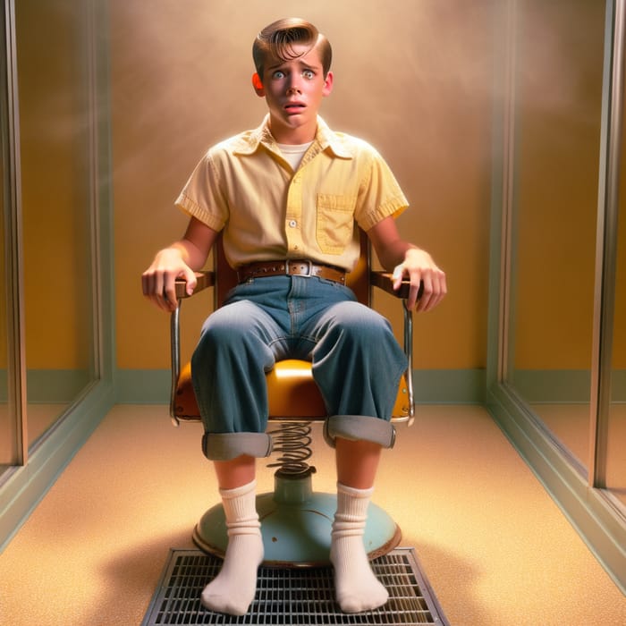 Scared 1950s Canadian Teenage Male in Vintage Electric Chair Scene