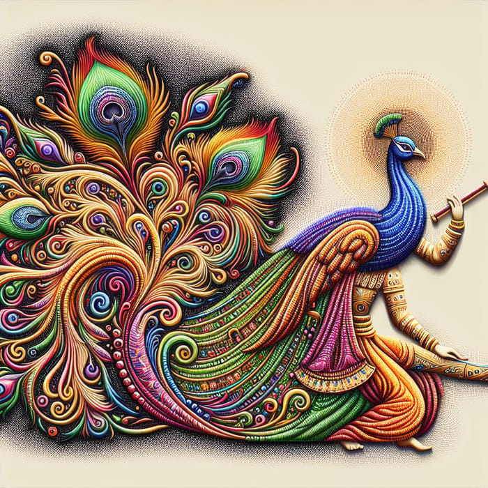 Ornate Peacock AI with Krishna Imagery