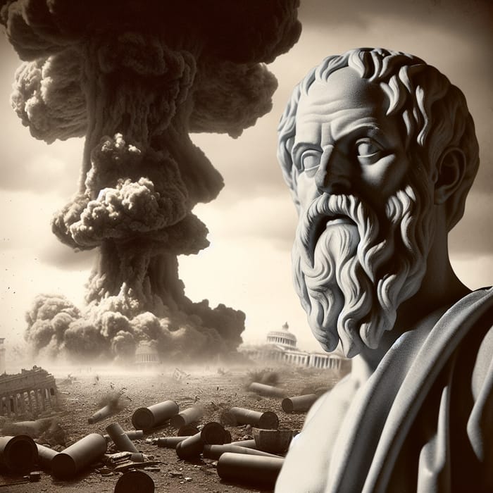 Socrates Contemplating Amid Bomb Blast Chaos