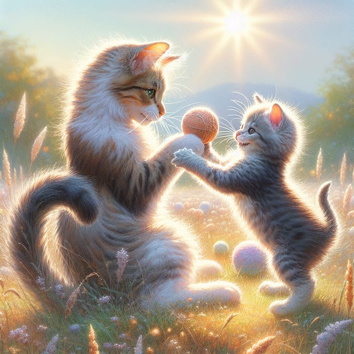 Playful Kitten & Mother: Joyful Game in Sunlit Grassland