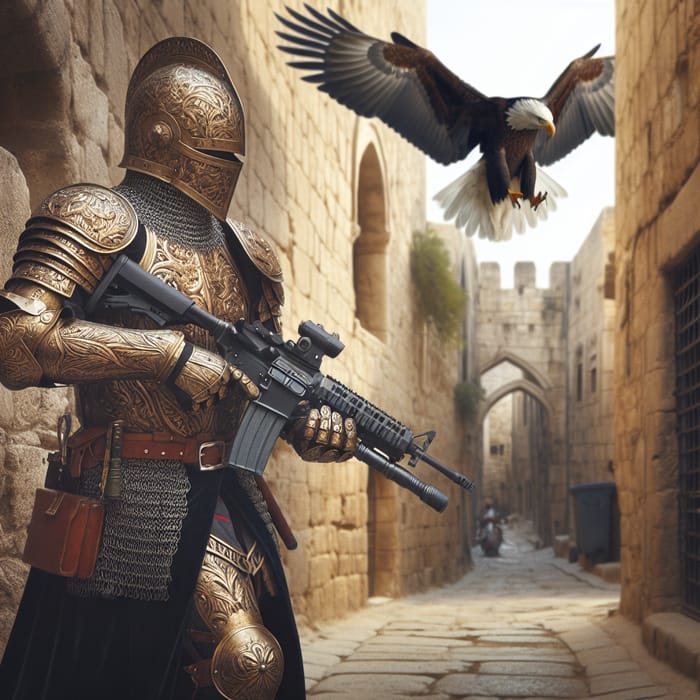 Modern Crusader in Ornate Armor with AR-15 Storms Ancient City