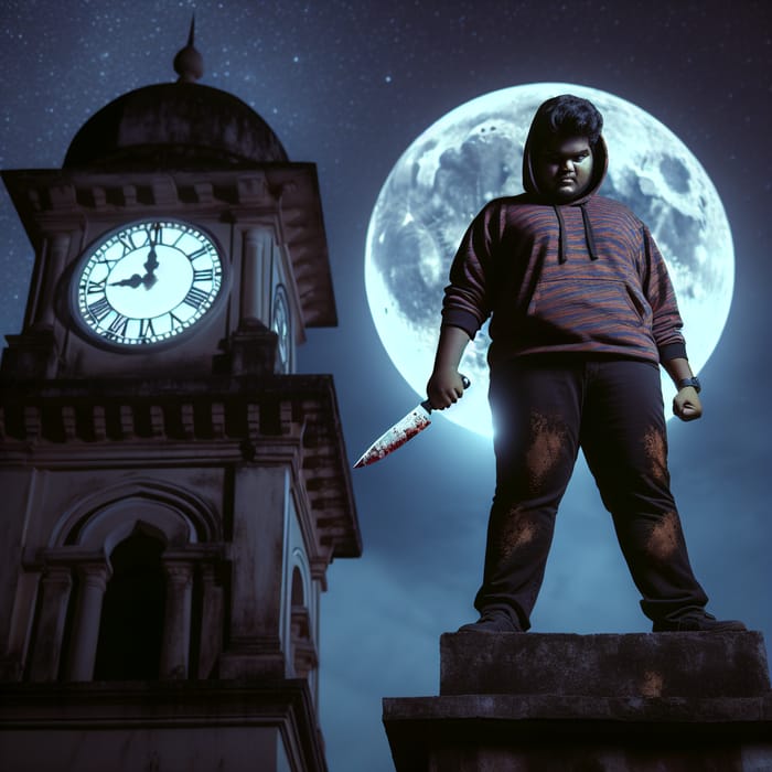 Mysterious Asian Boy in Hoodie at Moonlit Clock Tower