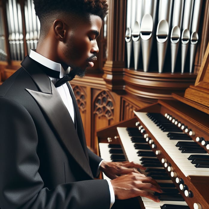 Black Church Musician Playing Organ with Stylish Afro