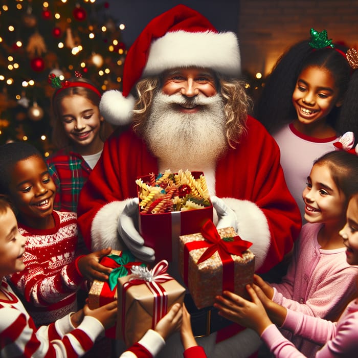 Santa Claus Gifts Kids with Special Pasta Presents