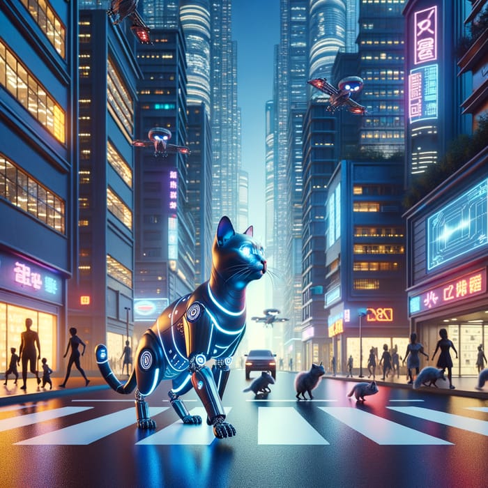 Futuristic Cyber Cat Roaming Cyber City Streets