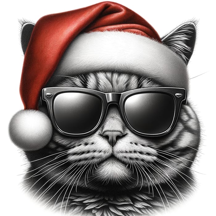 Realistic Cat with Sunglasses and Festive Christmas Hat