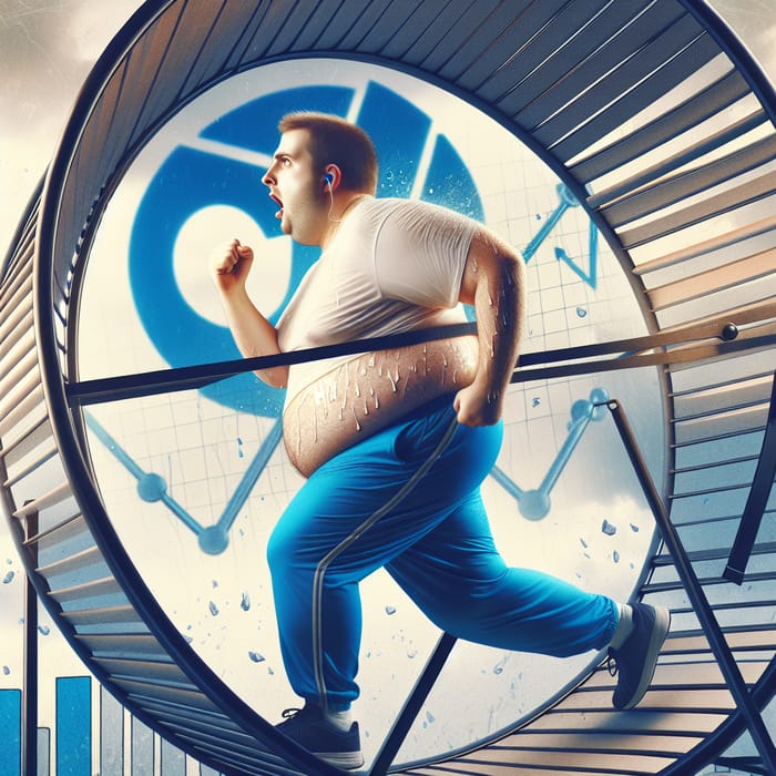 Hilarious Hamster Wheel Hustle: Man in Blue Jogging Pants Running for SMMA
