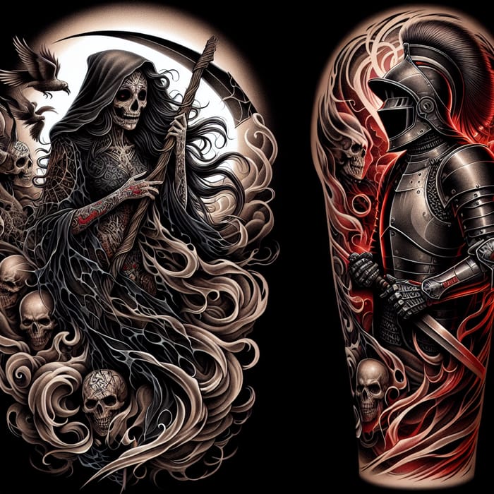 Reaper Girl and Knight Tattoo Sleeve Design: Powerful Visual Narrative