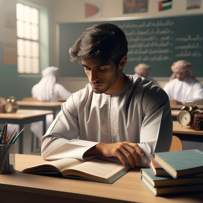 Omani Student in Classroom Deeply Engrossed in Studying