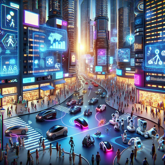 Futuristic Technology Cityscape with Diverse AI