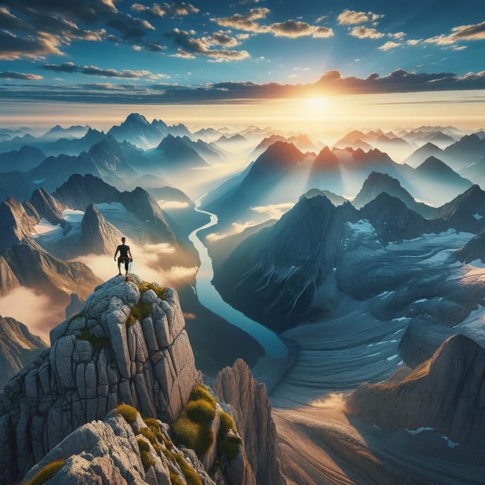 Breathtaking Mountain Panorama with Mountaineer on Rock Ledge