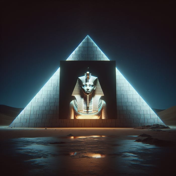 Glowing Priestess on Modern Egyptian Pyramid at Night