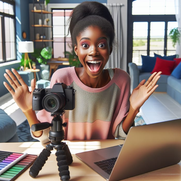 Excited Female Vlogger Filming in Vibrant Room | Video Creation Tips