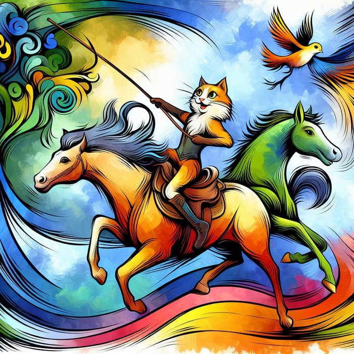 Vibrant Comic Cat Riding Dog on Horse with Whimsical Flair