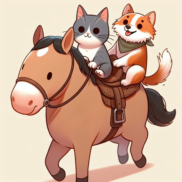 Cat and Dog Riding on Horse