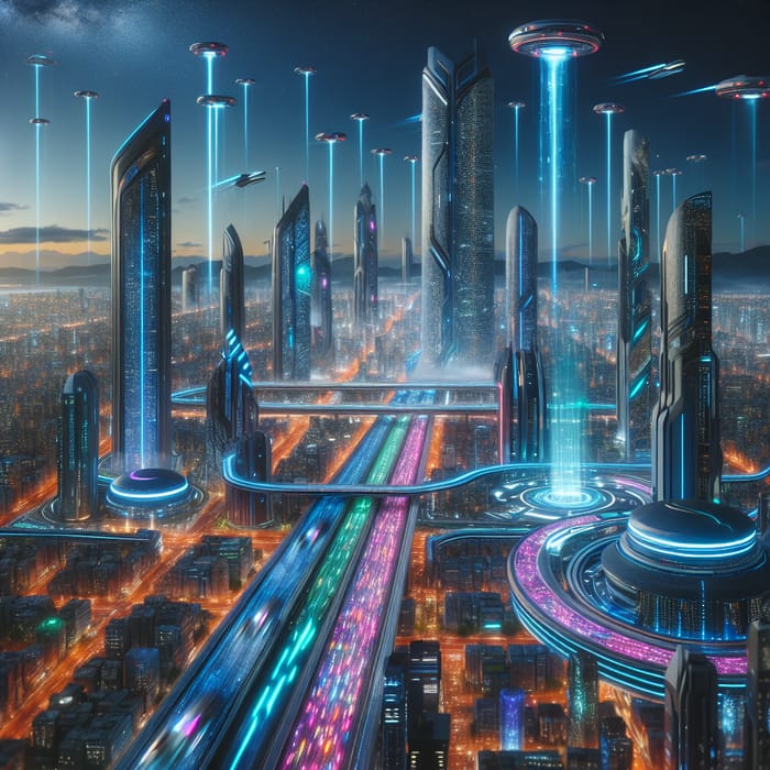 Futuristic Cityscape with Neon Lights and Advanced Technology