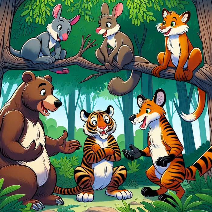 Enchanted Forest Scene: Chatty Animal Friends Gather