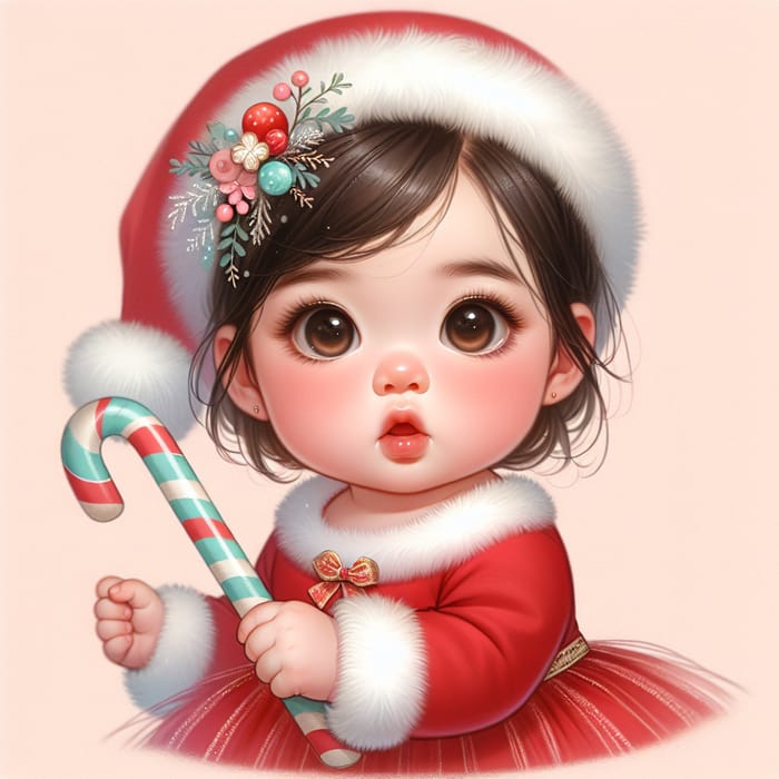 Christmas Greetings Card with Cute Baby Girl and Candy
