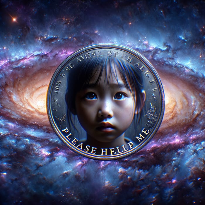 Intricate 11-Year-Old Girl & Mysterious 'Please Help Me' Coin in Enchanting Galaxy