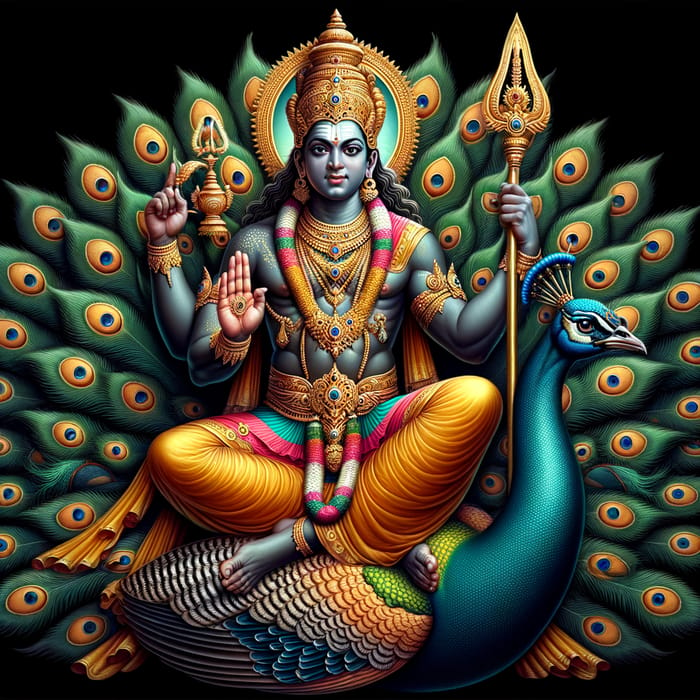 Lord Subramanya on Peacock with Divine Spear Blessing