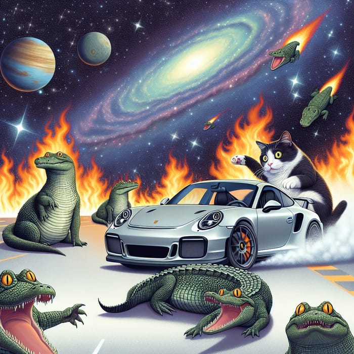 Cat Drifting in Porsche GT2 with Surprised Flaming Crocodiles