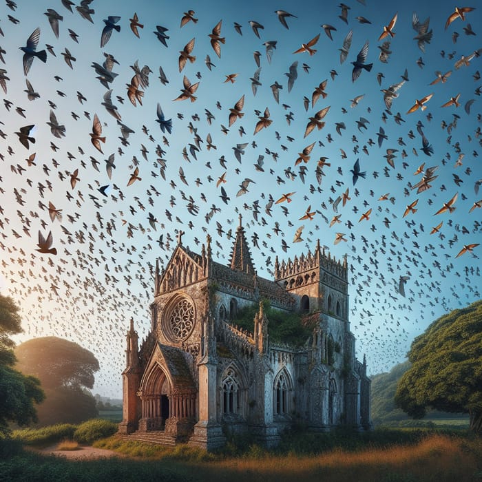 Birds Over Medieval Church | Majestic Nature Scene