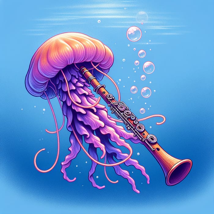 Colorful Jellyfish Playing Clarinet Underwater