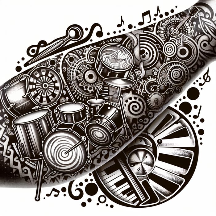 Steampunk Tattoo Design with Music, Drums, Culinary & Latte Art