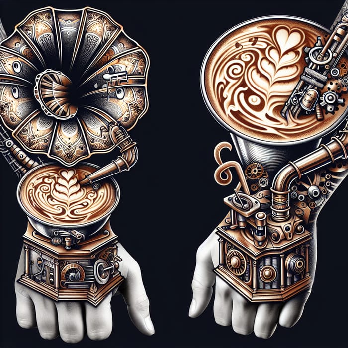 Steampunk Music & Latte Art Full-Arm Tattoo Design