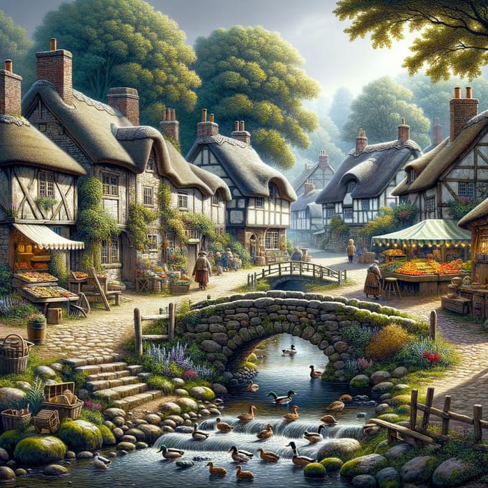 Quaint Village Setting with Cobblestone Streets and Thatched Roofs