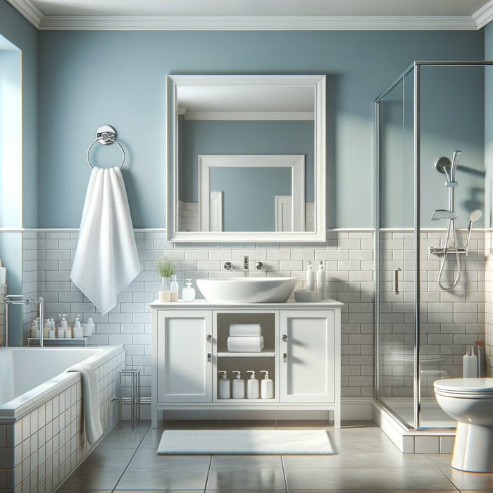 Stylish Light-Blue Bathroom with Tub, Toilet, and Elegant Decor
