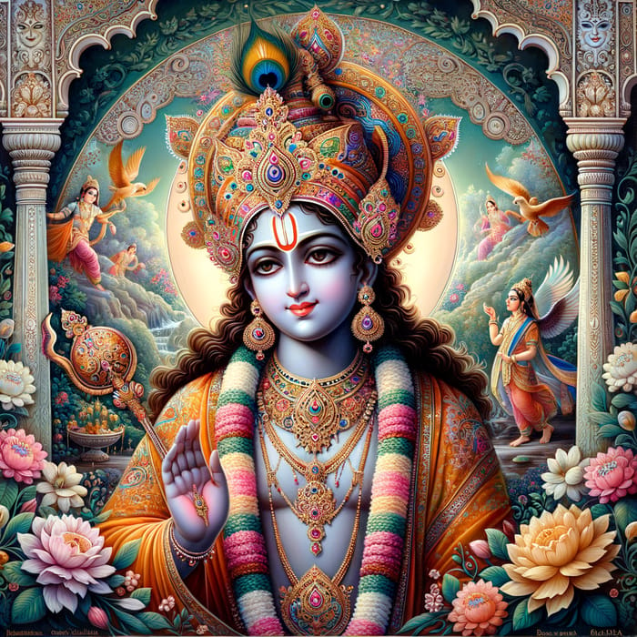 Mythological Representation of Krishna in Serene Indian Art Style