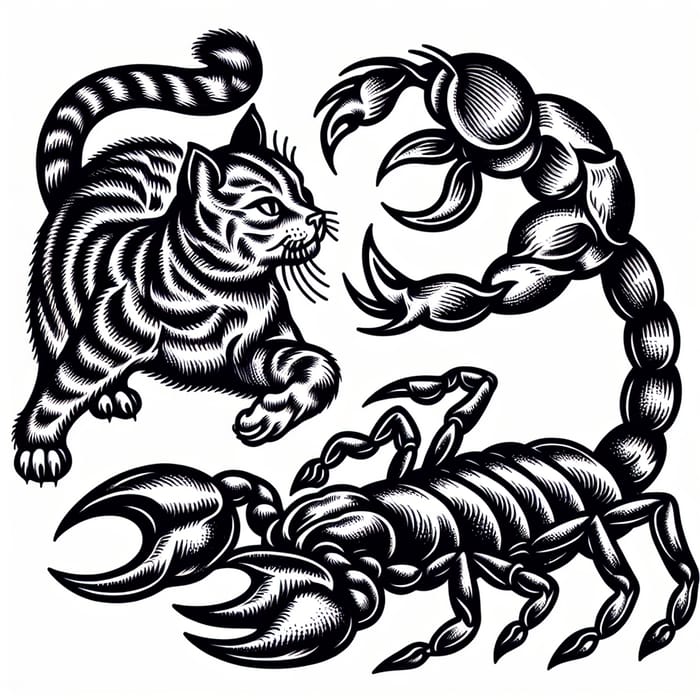 Fierce Cat Battling Scorpion Tattoo Design