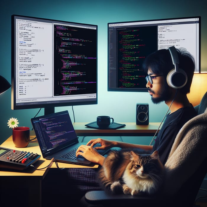 Dedicated Programmer Creating Code with Cat and Lofi Music Setup