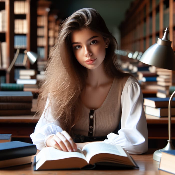 Beautiful Brown-Haired Girl Studying in Serene Library Setting