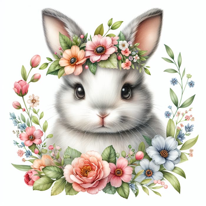Charming Easter Baby Rabbit with Flowers - Detailed Watercolour Illustration