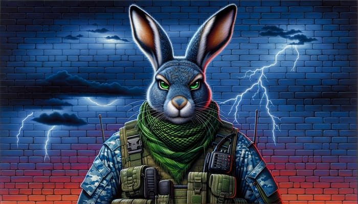 Striking Anthropomorphic Hare in Camouflage Military Gear