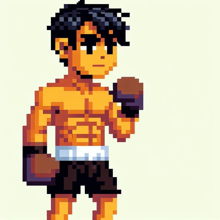 Pixel Art Boxer Character with Black Hair and Yellow Skin