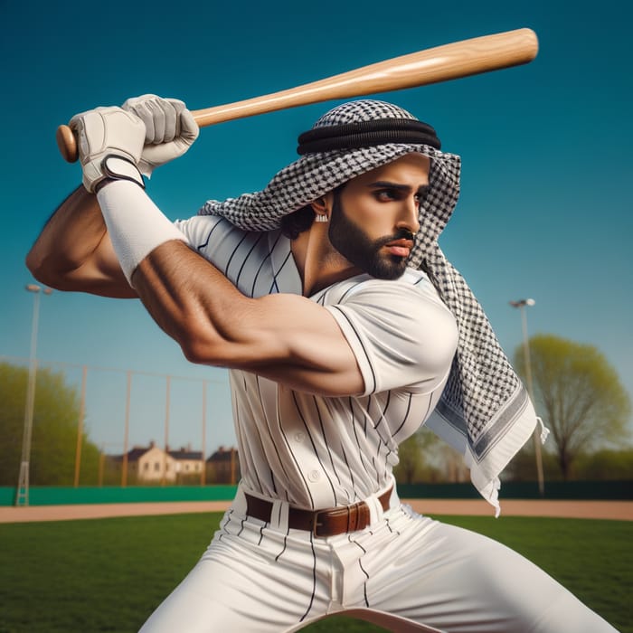 Middle-Eastern Man Swinging Baseball Bat with Intense Focus
