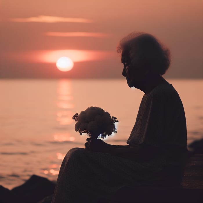 Elderly Woman Silhouette by the Sea with Flowers at Sunset